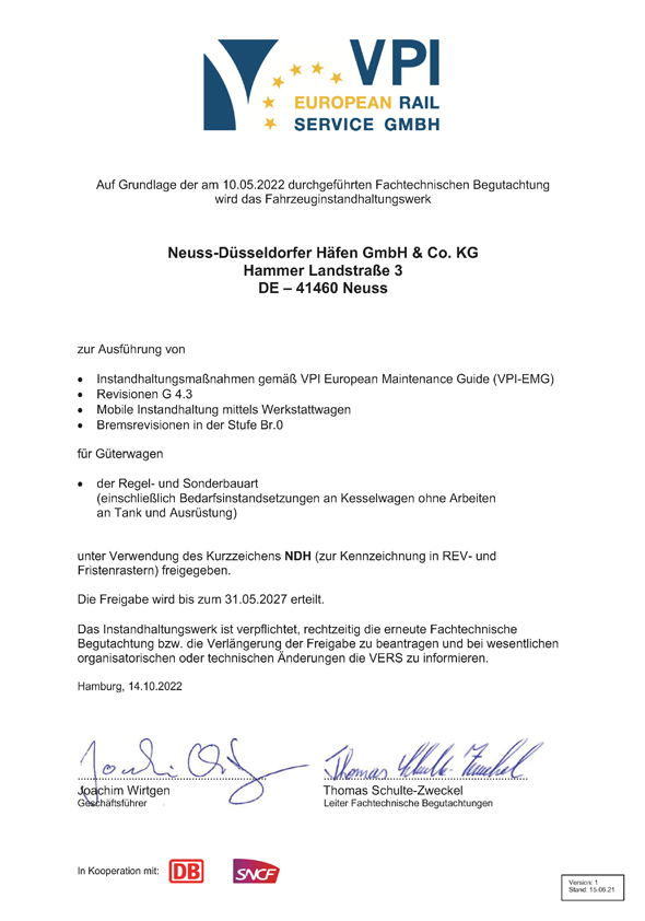 Neuss-Düsseldorfer Häfen GmbH & Co. KG Zertifizierung VPI / Instandhaltungsmaßnahmen (VPI-EMG)